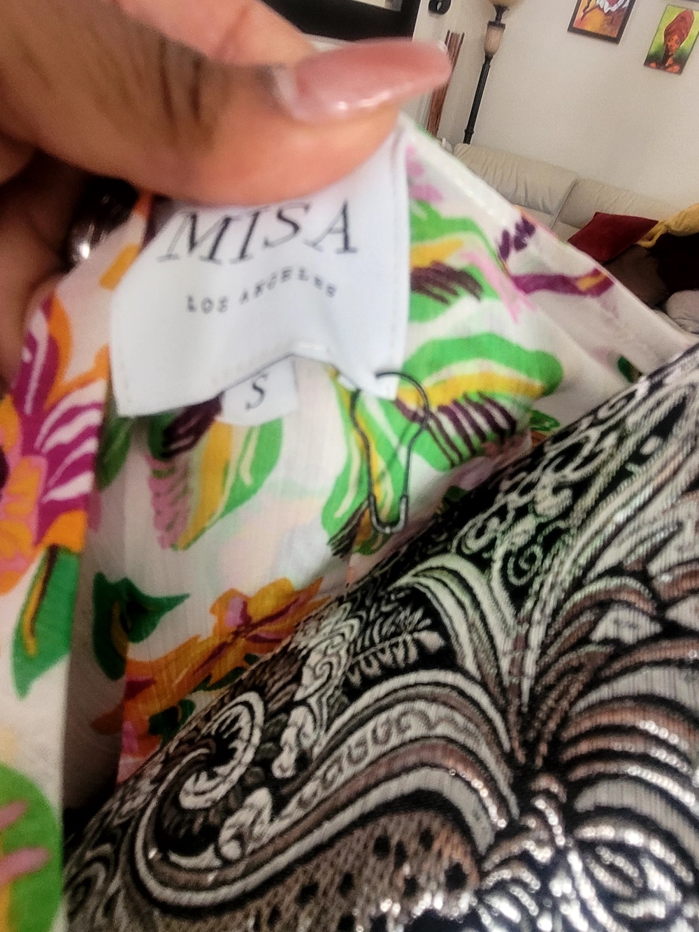 Misa Los Angeles White Floral Faux Wrap Mini Dress with Pink and Yellow Blooms - Picture 7 of 9